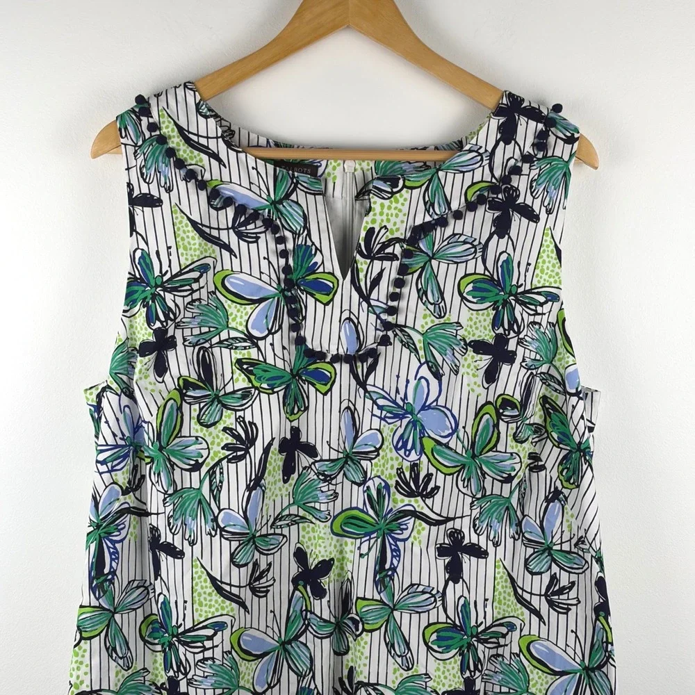 Talbots Womens Butterfly Floral Pinstripe‎ Cotton Shift Dress Pom Pom Trim Sz 16
